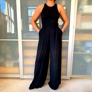 Fleur du Mal black chiffon and leather jumpsuit